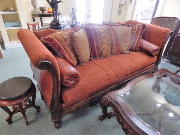 Ferguson Copeland Sofas with Ornate Wood Trim and Leather Back - Image 2