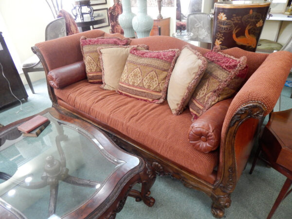 Ferguson Copeland Sofas with Ornate Wood Trim and Leather Back - Image 9