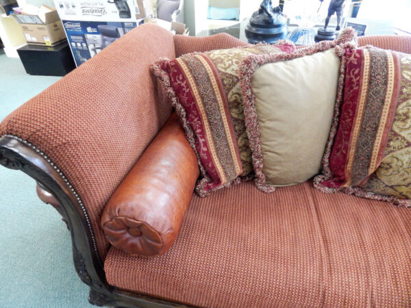 Ferguson Copeland Sofas with Ornate Wood Trim and Leather Back - Image 8