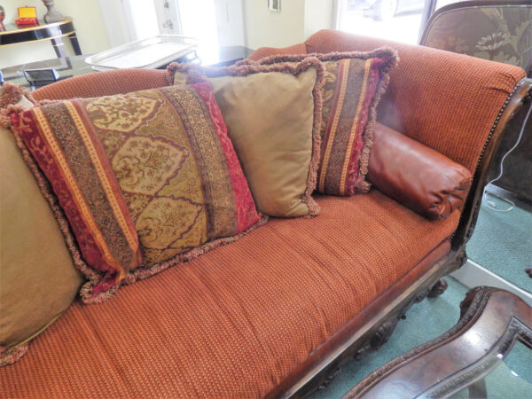 Ferguson Copeland Sofas with Ornate Wood Trim and Leather Back - Image 7