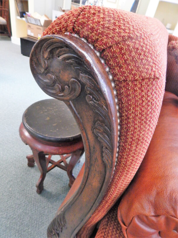 Ferguson Copeland Sofas with Ornate Wood Trim and Leather Back - Image 6