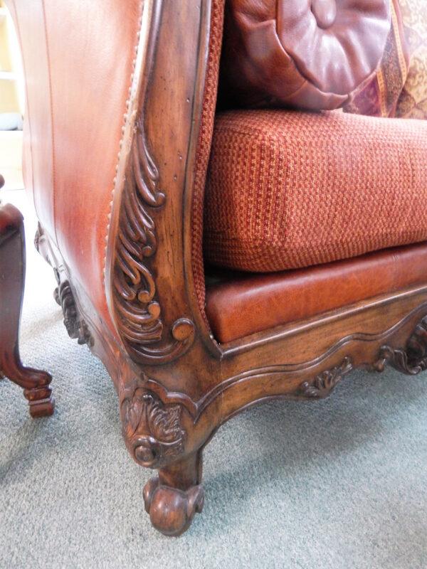 Ferguson Copeland Sofas with Ornate Wood Trim and Leather Back - Image 5