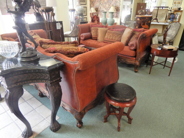 Ferguson Copeland Sofas with Ornate Wood Trim and Leather Back - Image 4