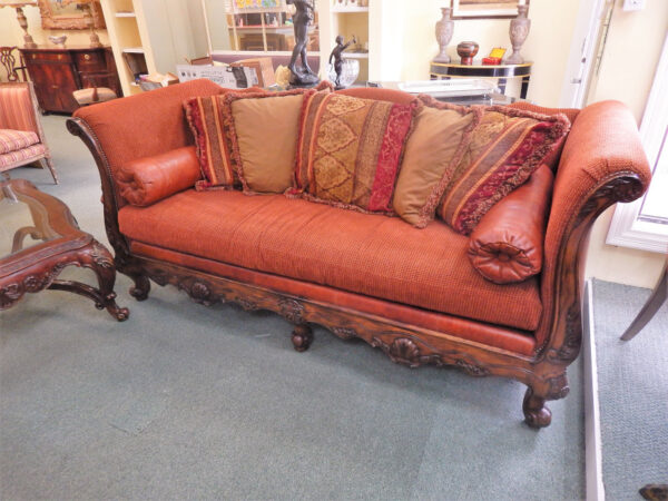 Ferguson Copeland Sofas with Ornate Wood Trim and Leather Back - Image 3