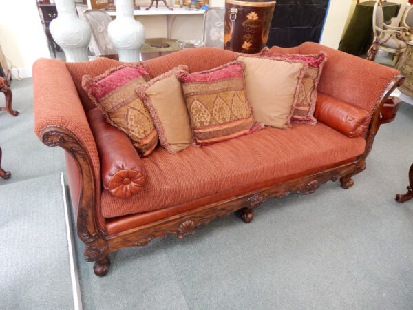 Ferguson Copeland Sofas with Ornate Wood Trim and Leather Back