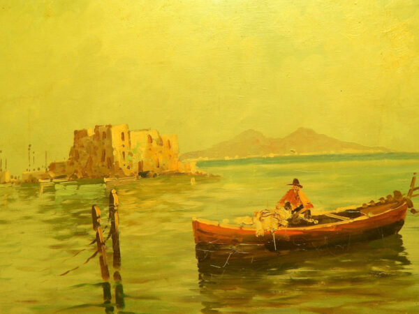 Signed Oil On Canvas, Mediterranean Seascape With Fishing Boat - Image 4