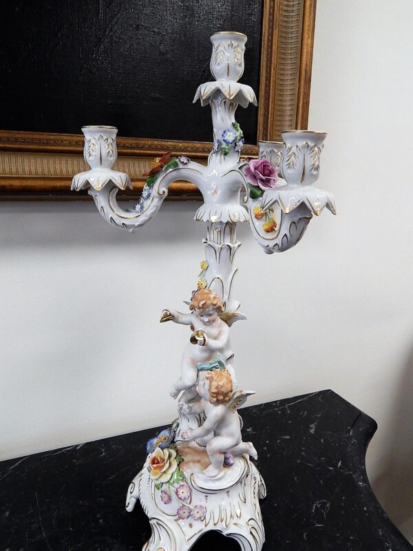 Vintage Pair Of Schierholz Dresden Porcelain Cherub Candelabras