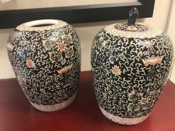 Pair of Famille Noire Ceramic Jars for Sale Image