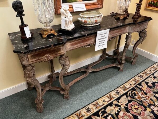 1930's French Hand-carved Marble Top Sideboard