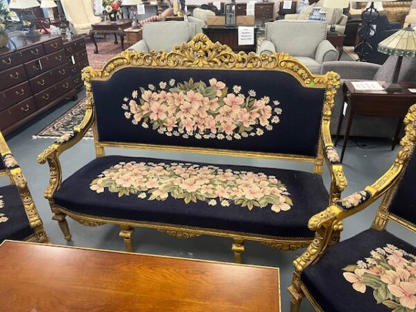 French Gold Needlepoint Heavily Carved Sofa